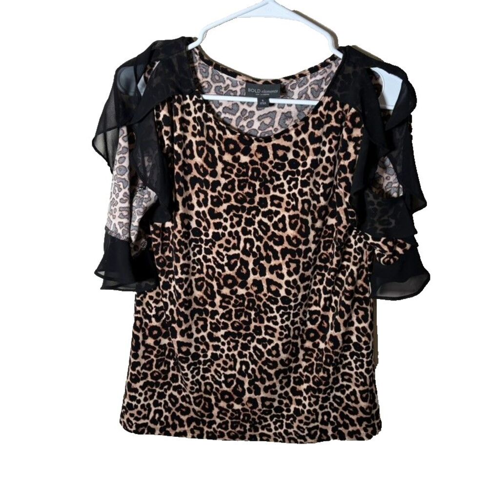 Bold Elements Blouse Women's Small Cheetah Ruffle Short Sleeve Mesh Top